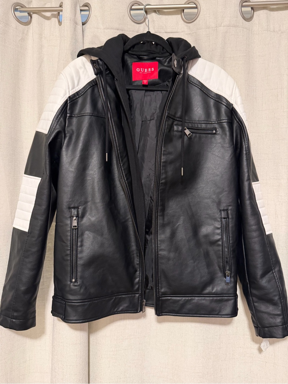 GUESS Black and White Faux Leather Hooded Racer Jacket